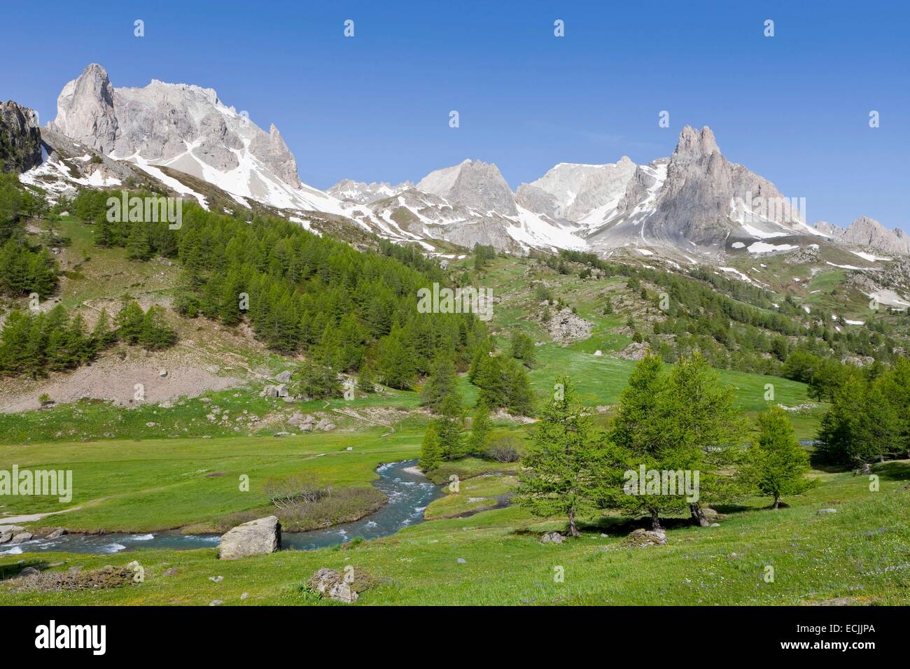 France, Hautes-Alpes, Nevache La Claree valley, overlooking the Pointe Cerces (3097m) Stock Photo