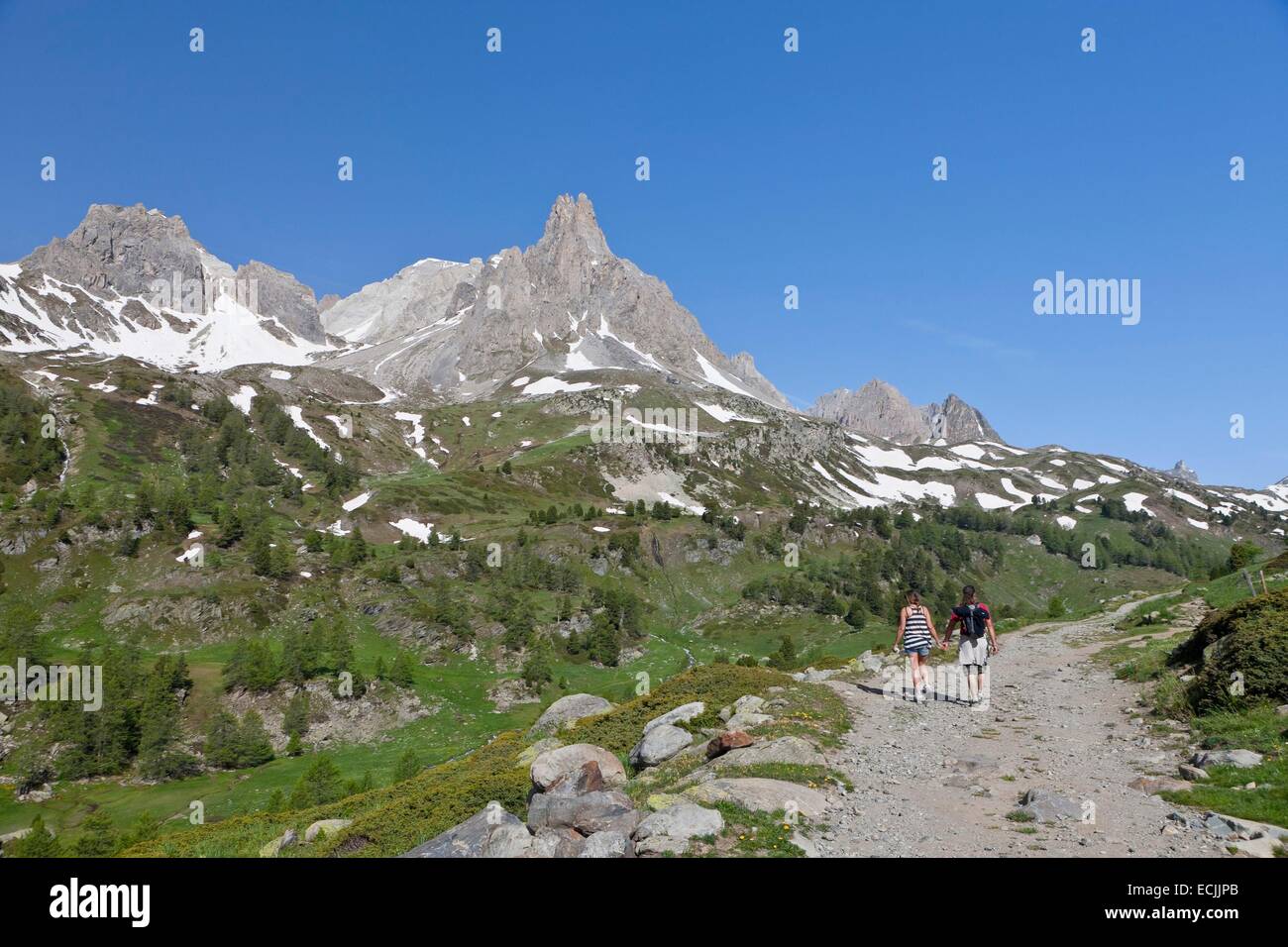 France, Hautes-Alpes, Nevache La Claree valley, overlooking the Pointe Cerces (3097m), hikers Stock Photo