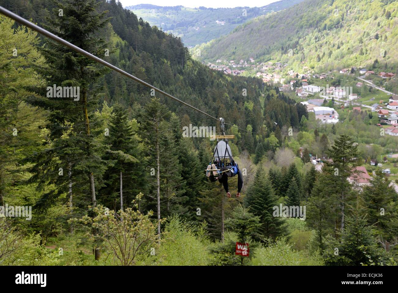 France, Vosges, La Bresse, outdoor activities Bol d Air, zip line Le Fantasticable Stock Photo