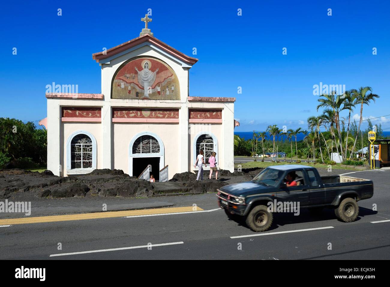 France, Reunion island (French overseas department), Piton Sainte Rose, Notre Dame des Laves church spared by the lava flow solidified today that stopped on his porch during an eruption of the Piton de la Fournaise volcano occurred in 1977 Stock Photo
