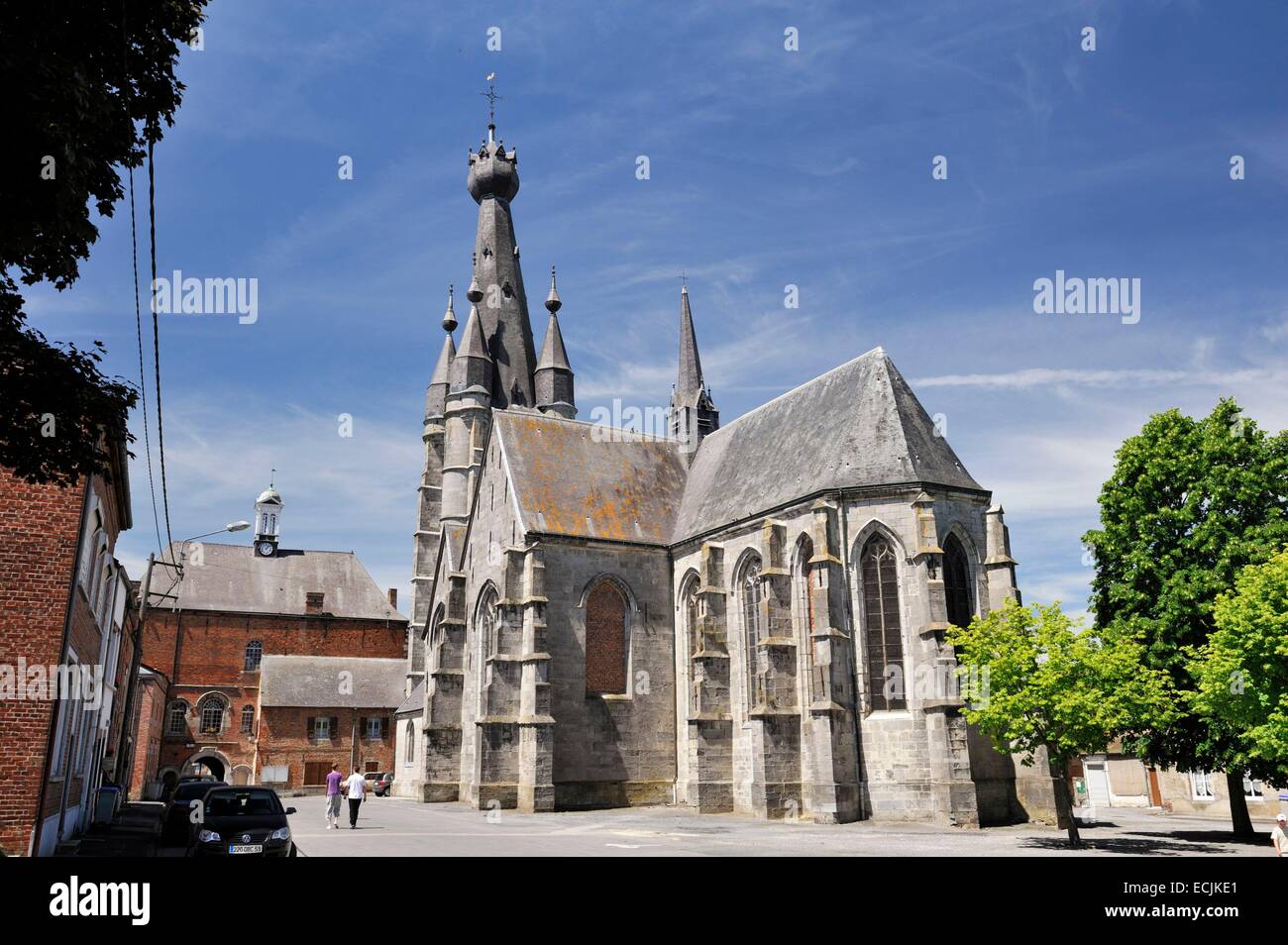 France, Nord, Solre le Chateau, Saint Pierre Saint Paul's church with its characteristic leaning bell tower Stock Photo