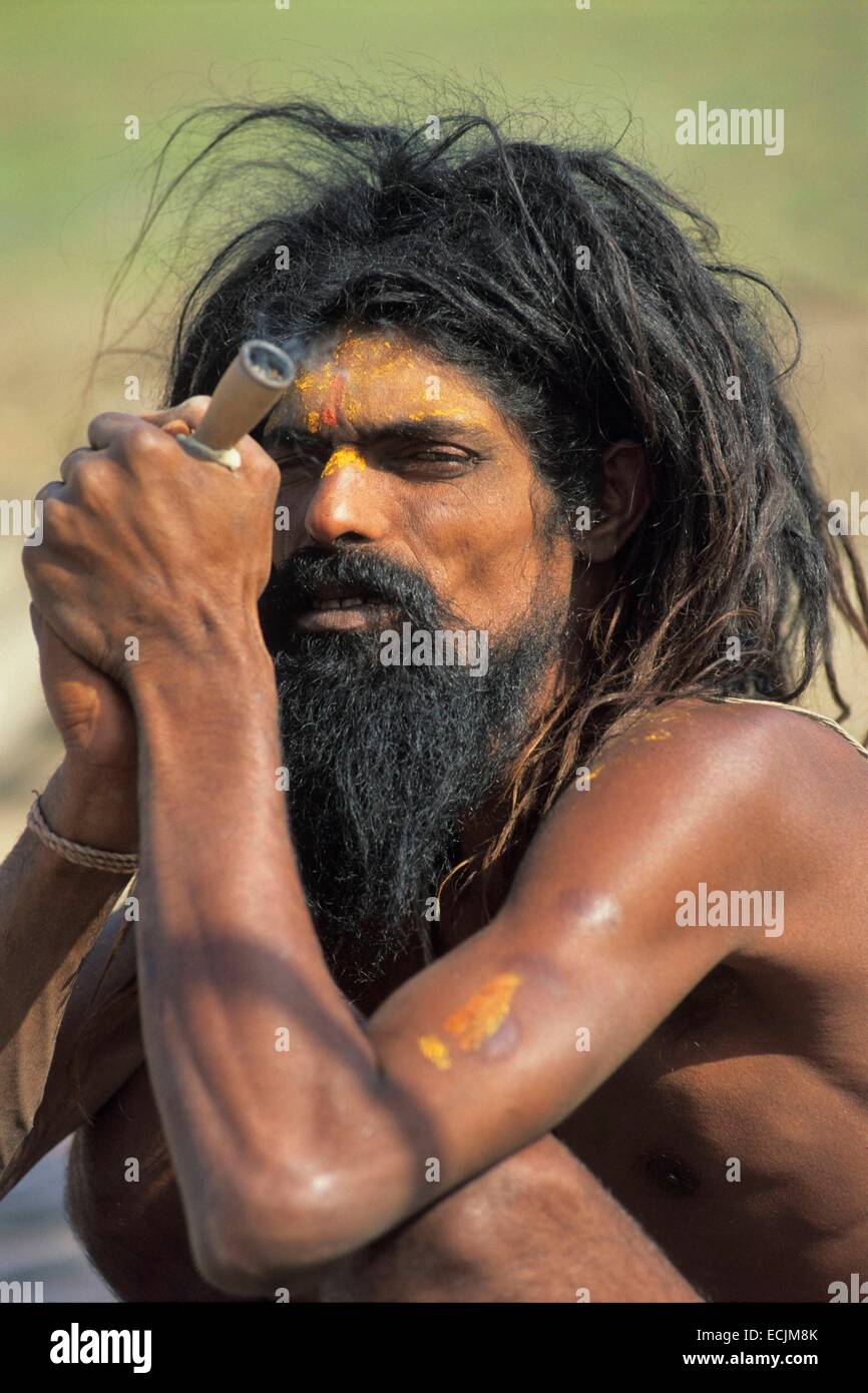 India, Uttarakhand, Haridwar, Kumbh Mela festival, Sadhu smoking a