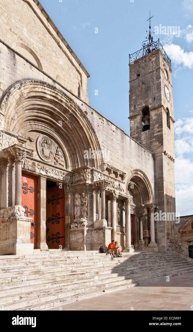 France, Gard, Saint Gilles, 12th-13th century abbey, listed as World Heritage by UNESCO under the road to St Jacques de Compostela in France, Provencal Romanesque style, central portal Stock Photo