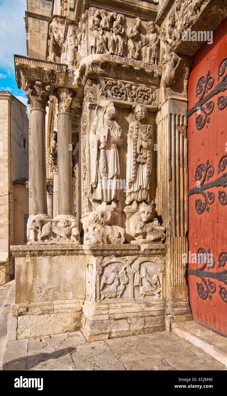 France, Gard, Saint Gilles, 12th-13th century abbey, listed as World Heritage by UNESCO under the road to St Jacques de Compostela in France, Provencal Romanesque style, down the left pillar of the portal central, low relief depicting Cain and Abel Stock Photo