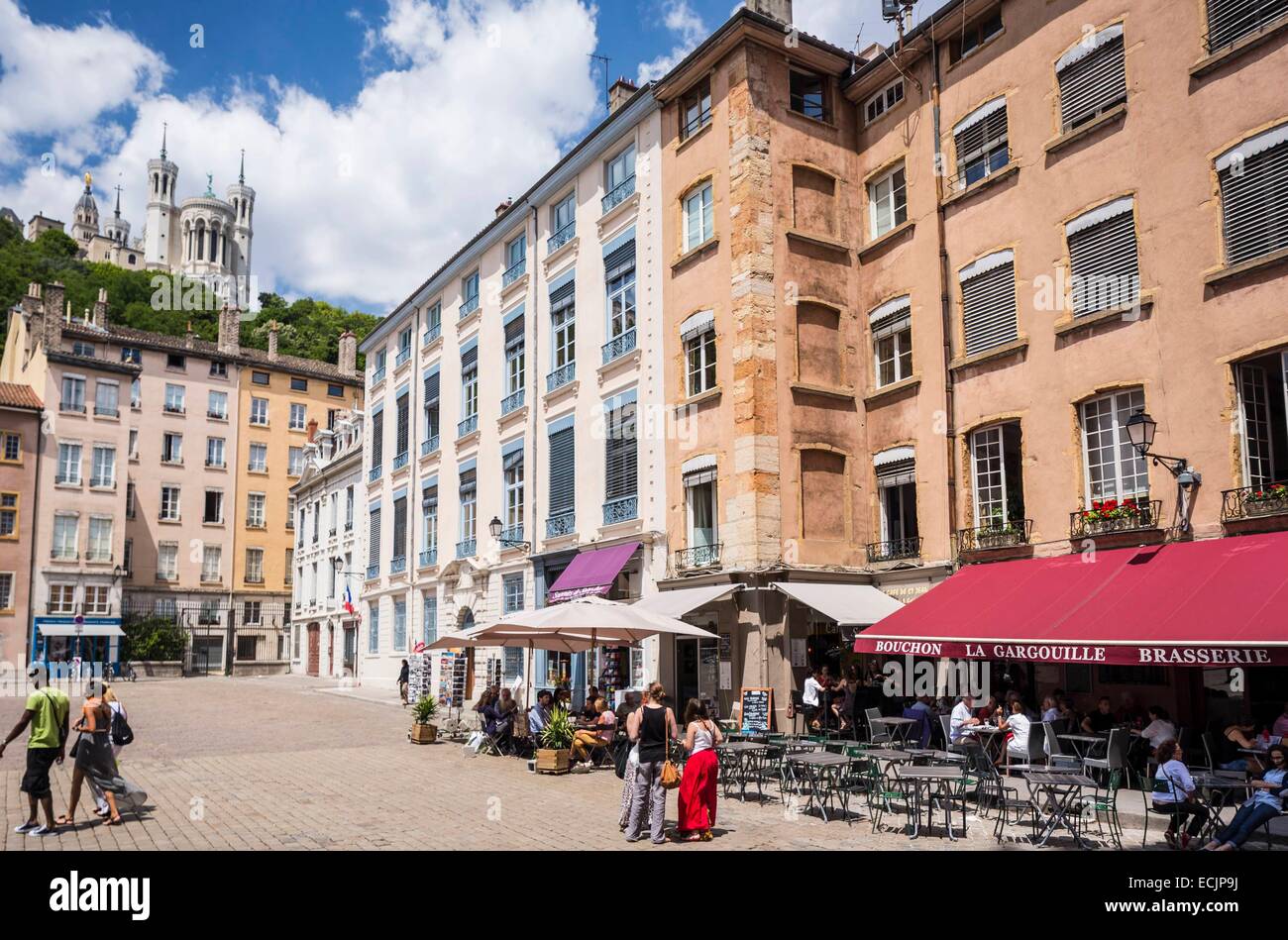 France, Rhone, Lyon, classified historic site UNESCO world heritage, Vieux Lyon, place Saint Jean and view of the basilica Notre-Dame of Fourvière Stock Photo