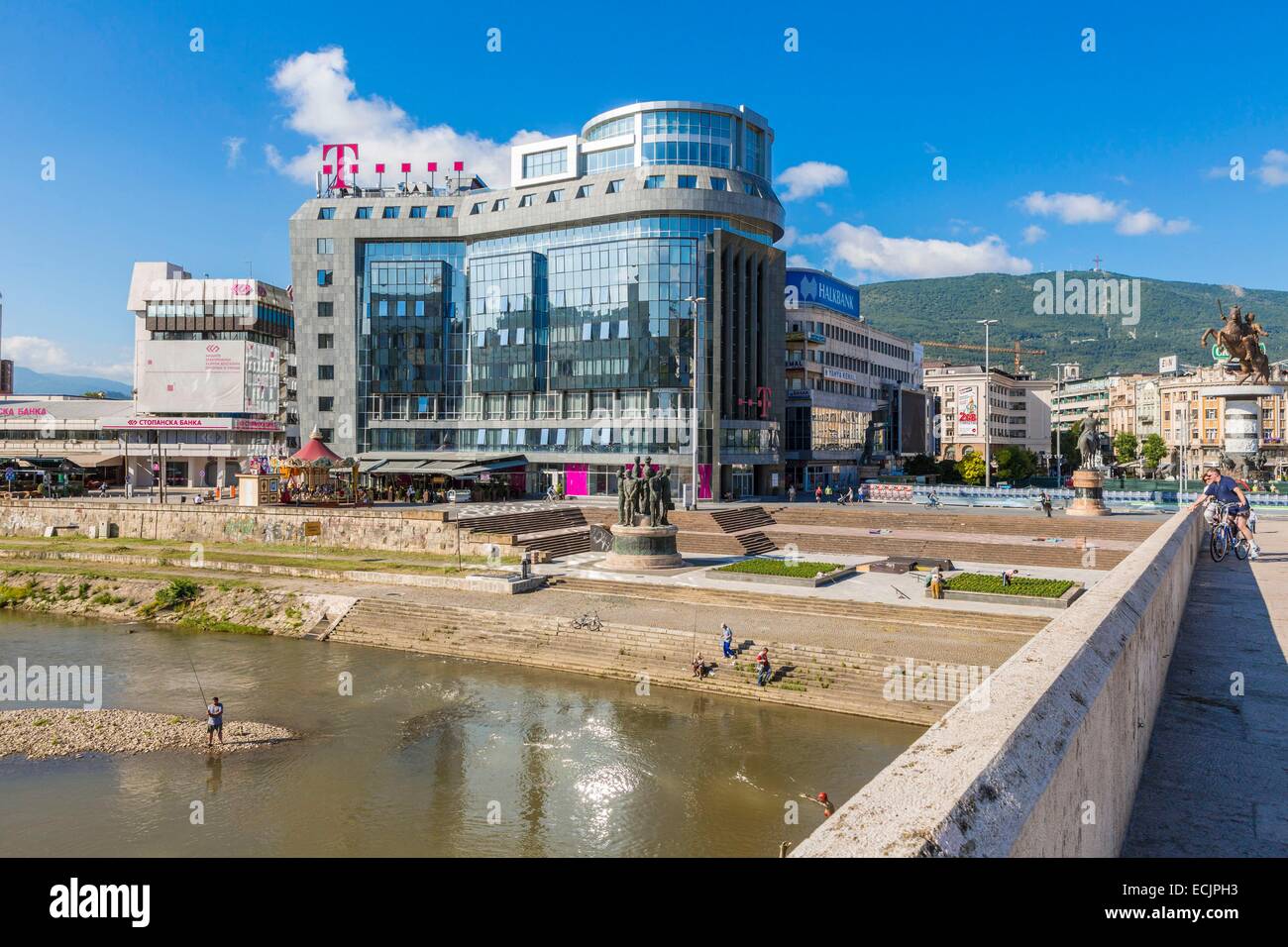 Republic of Macedonia, Skopje, downtown, the Vardar river and the T-Mobile building Stock Photo