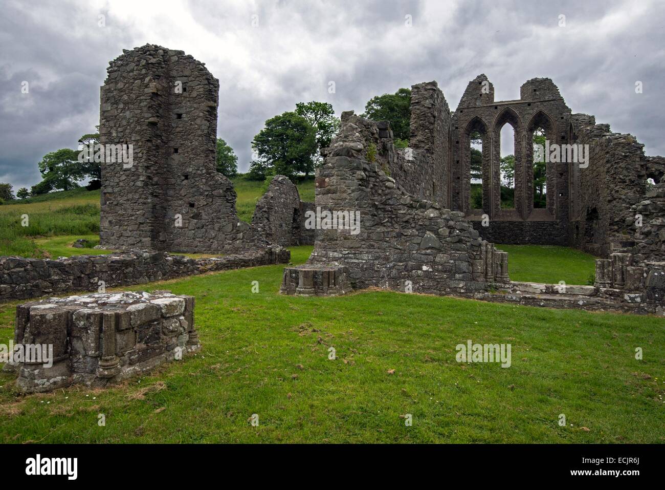 United Kingdom, Northern Ireland, County Down, the monastic ruins at Inch Abbey were moulded into the Twins and the Riverlands, the Hoster Tully funeral was set here, and it's also where the Hound and Arya journeyed towards the Red Fork Stock Photo