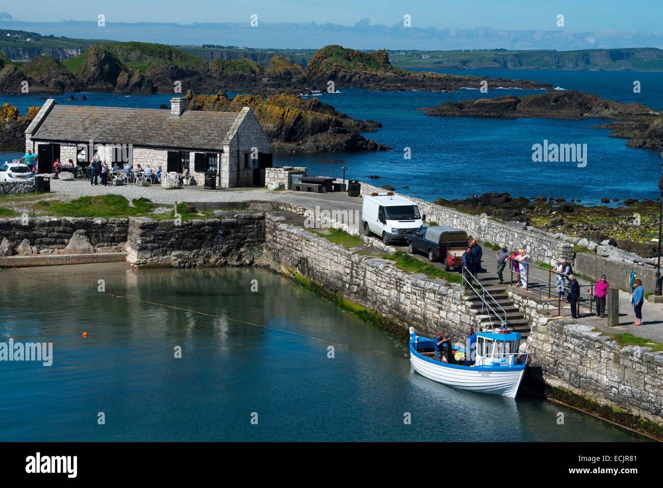 United Kingdom, Northern Ireland, County Antrim, Ballintoy, it's the bleak and blustery homeland of the Greyjoys, when Theon first returned to his birthplace, he arrived at Ballintoy Harbour, His baptism took place on the beach there Stock Photo
