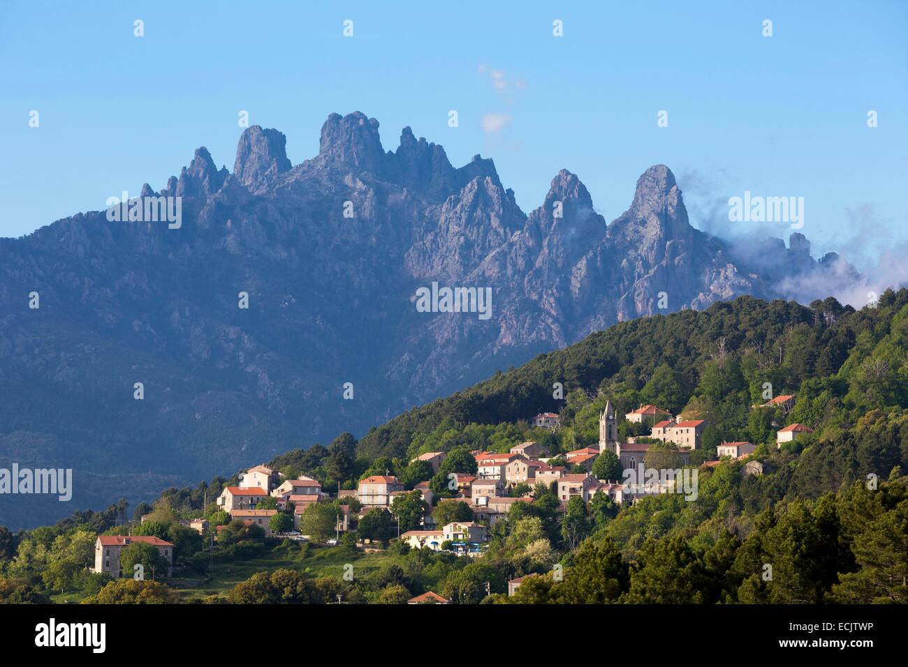 France, Corse du Sud, Alta Rocca, Zonza and the Aiguilles de Bavella (Bavella Needles) Stock Photo