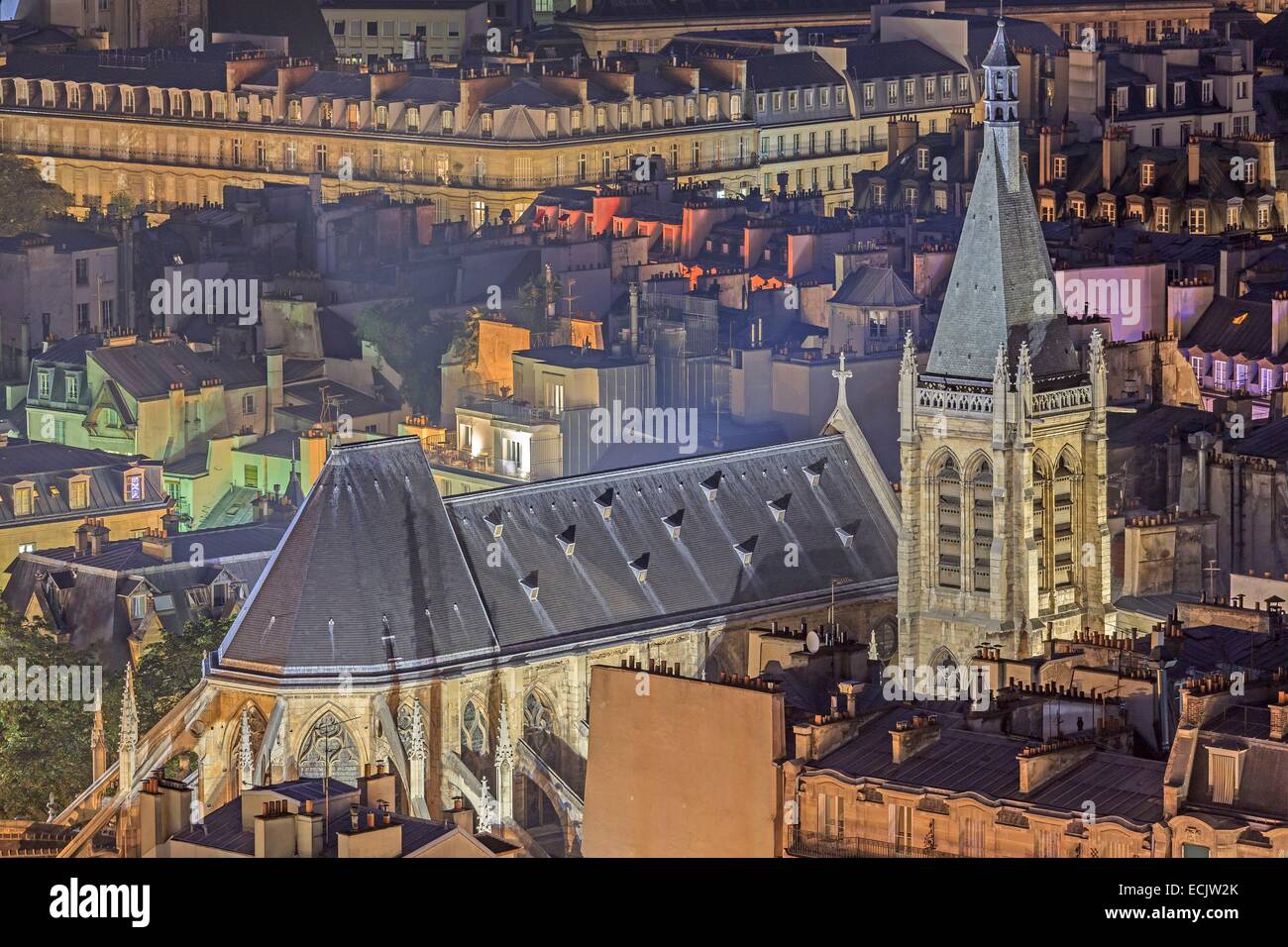 France, Paris, the Saint Severin church illuminated in the latin quarter Stock Photo