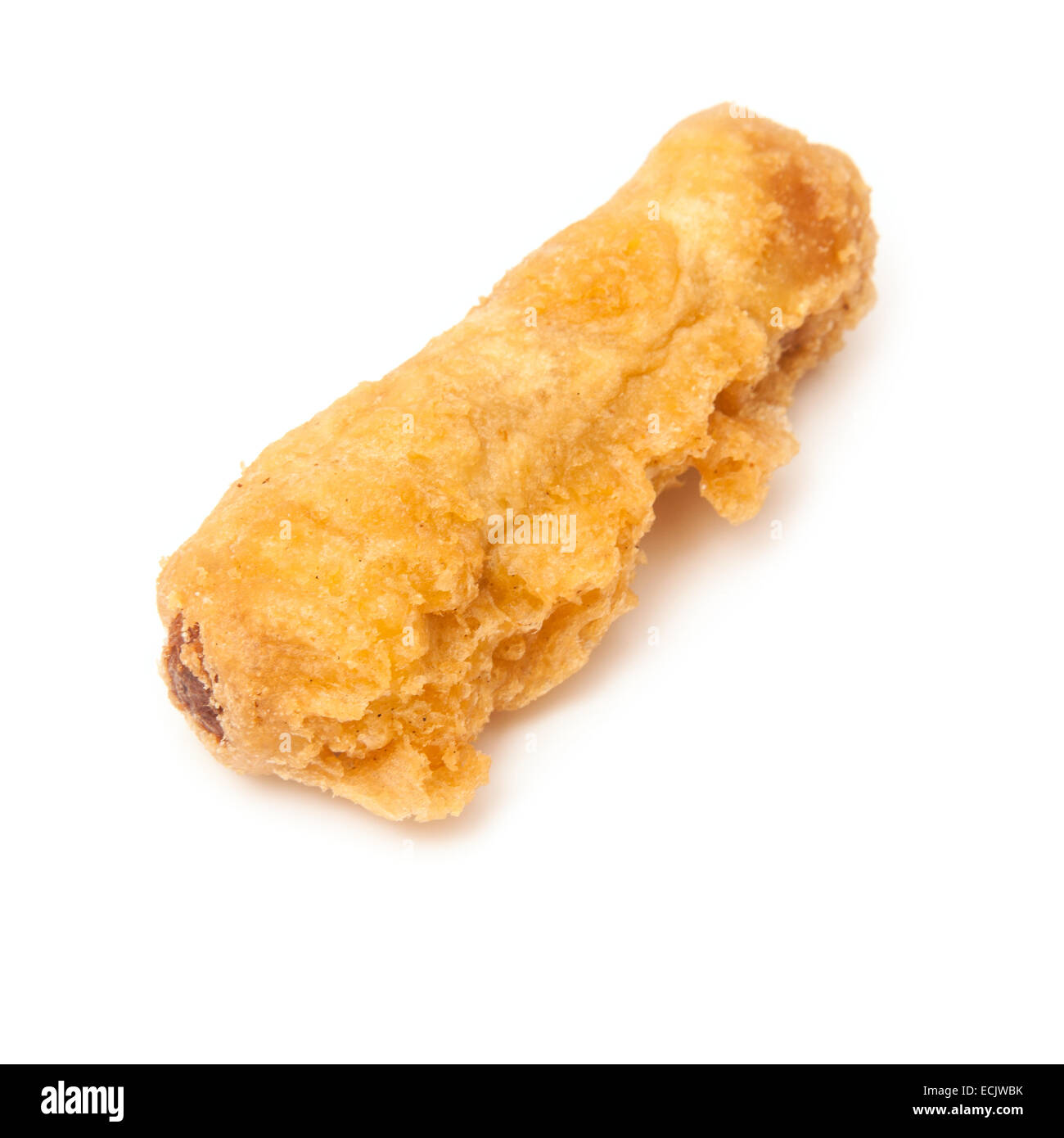 Deep fried sausage fresh from the fish and chip shop. Stock Photo