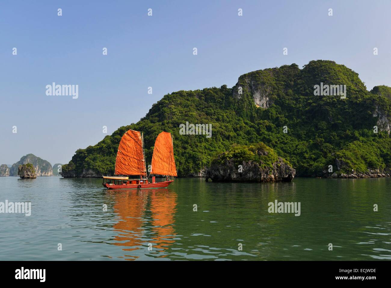 Vietnam, Quang Ninh province, Ha Long bay, listed as World Heritage by UNESCO, junk boat in the bay Stock Photo