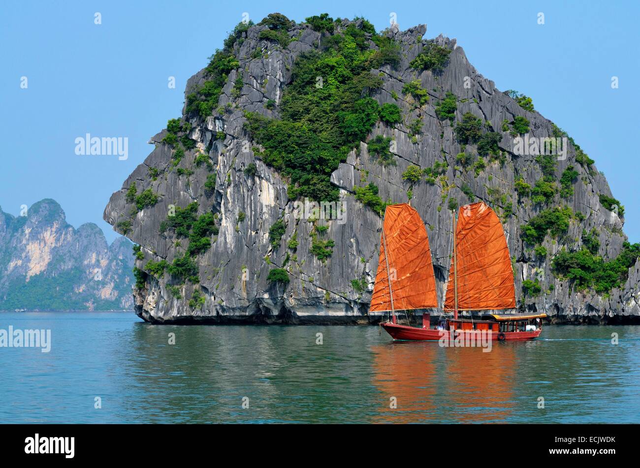 Vietnam, Quang Ninh province, Ha Long bay, listed as World Heritage by UNESCO, junk boat in the bay Stock Photo