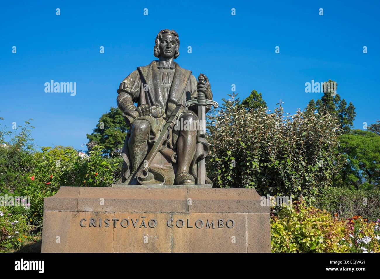 Portugal, Madeira island, Funchal, Santa Catarina garden, Christopher Columbus statue, who spent time in Madeira Stock Photo