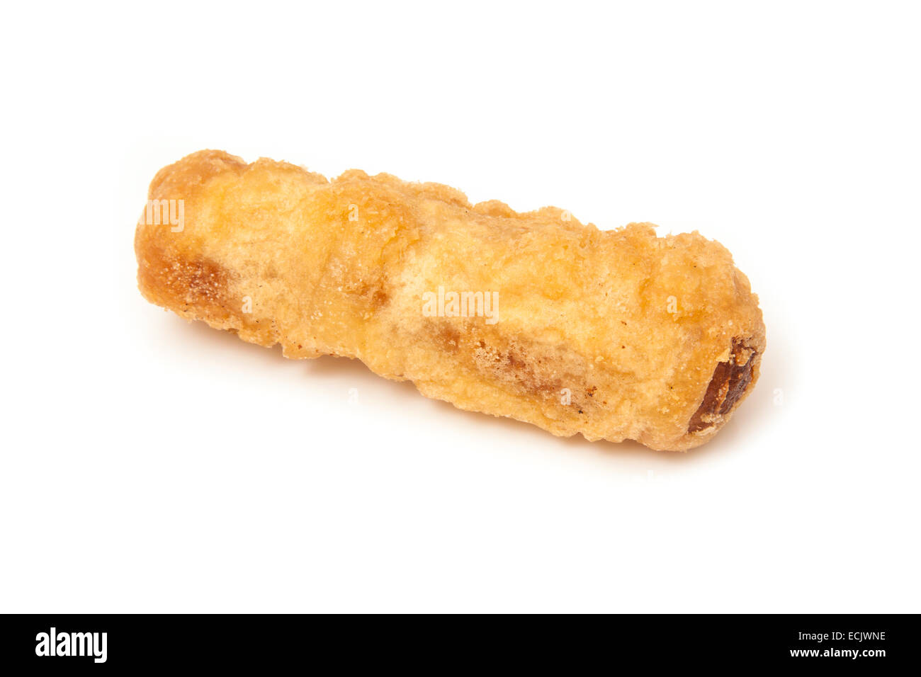 Deep fried sausage fresh from the fish and chip shop. Stock Photo