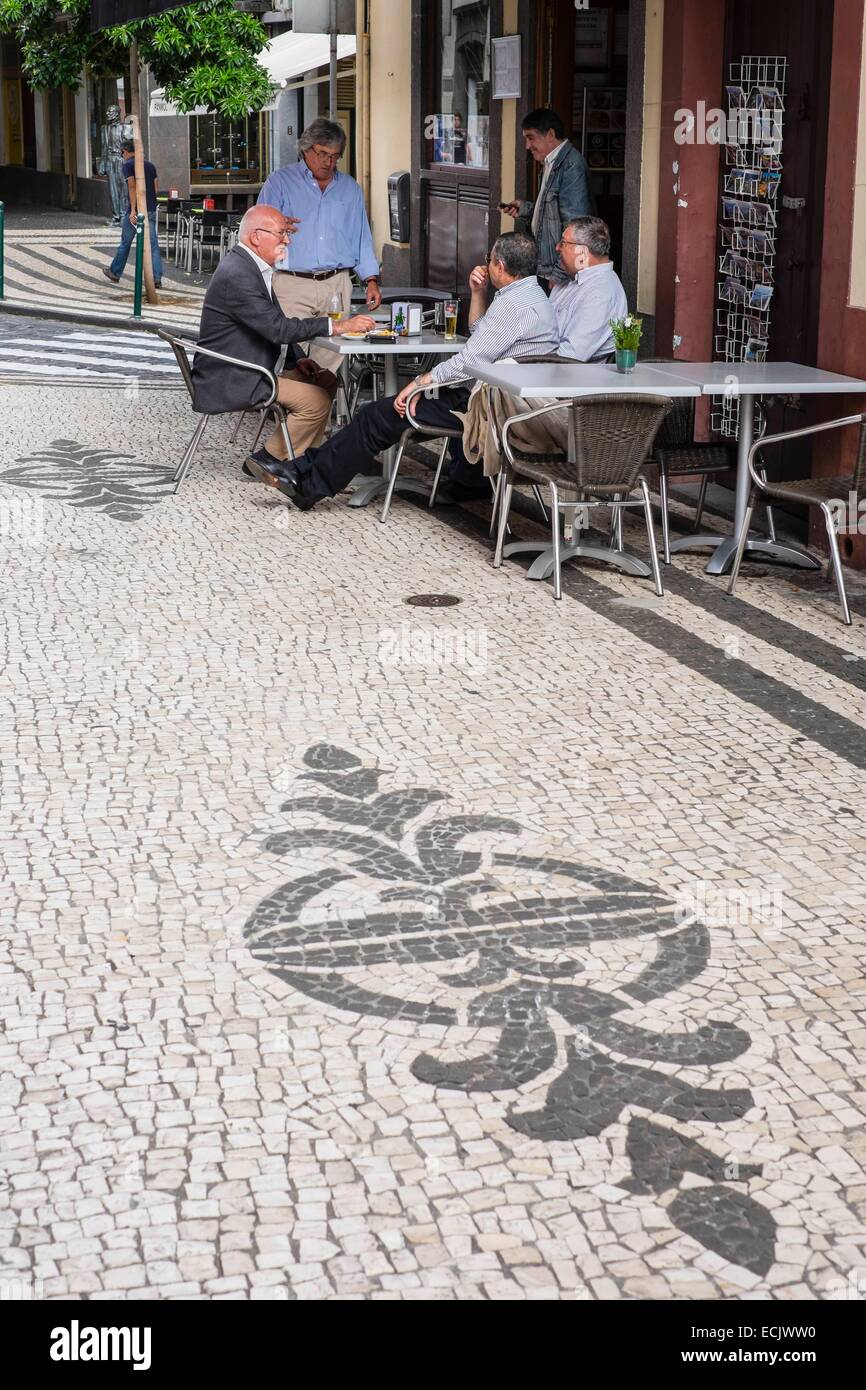 Portugal, Madeira island, Funchal, cafe terrace in a pedestrian street Stock Photo