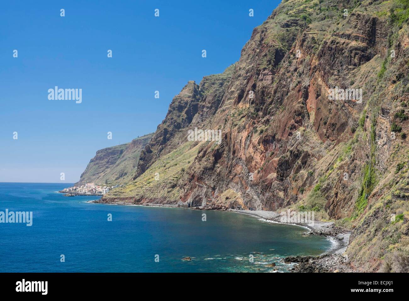 Portugal, Madeira island, the coast close to the picturesque village of Jardim do Mar, Paul do Mar in the background Stock Photo