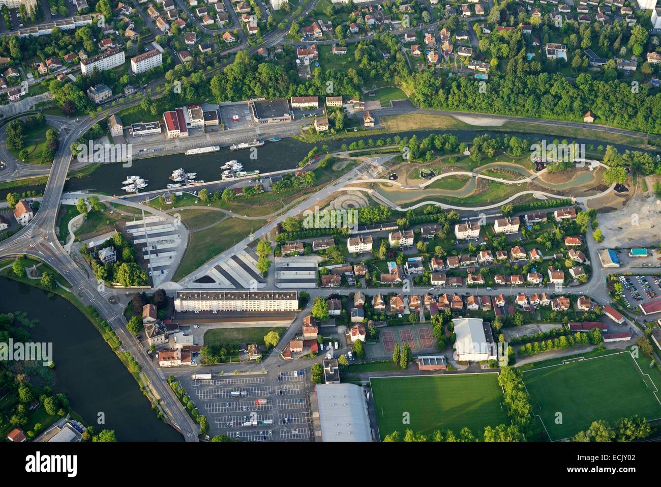 France, Doubs, Montbeliard, planning urban park called the island moving along the Canal du Rhone au Rhin near downtown (aerial view) Stock Photo