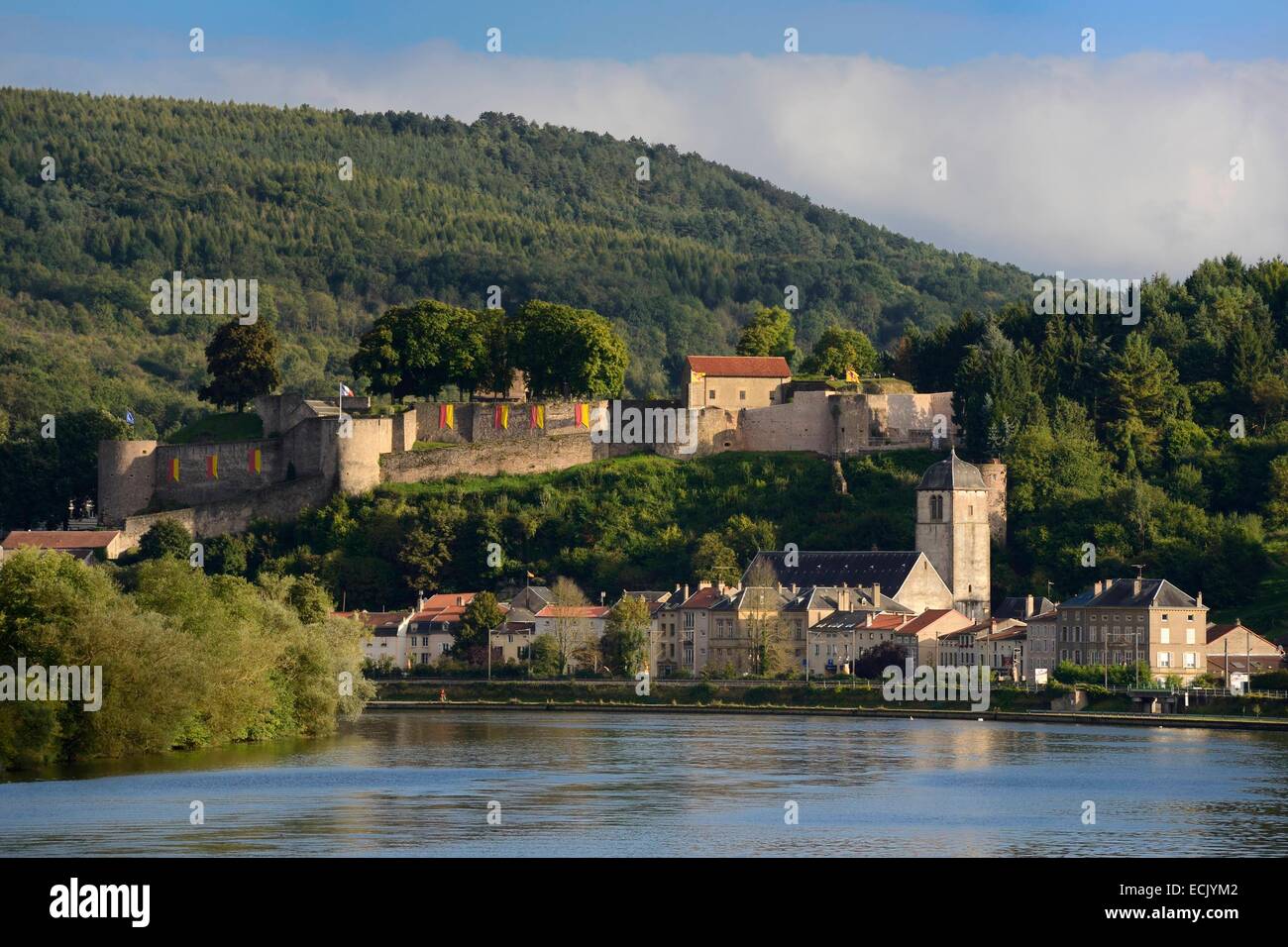 France, Moselle, Moselle Valley, Sierck les Bains on the Moselle River dominated by its Castle of the Dukes of Lorraine of the 12th century Stock Photo