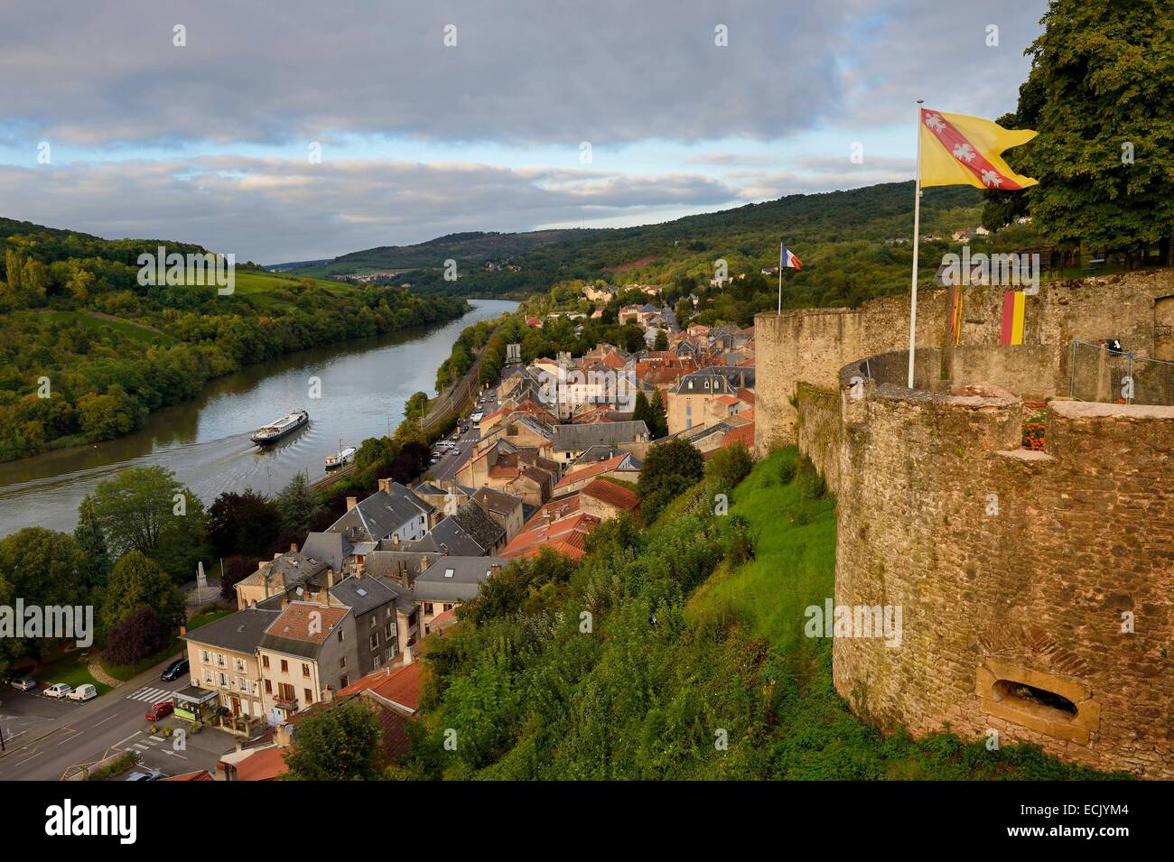 France, Moselle, Moselle Valley, Sierck les Bains on the Moselle River dominated by its Castle of the Dukes of Lorraine of the 12th century Stock Photo