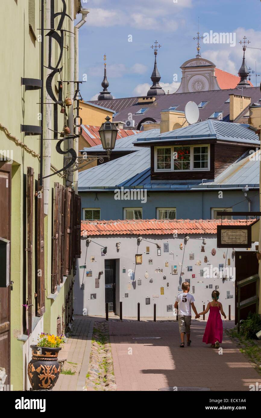 Lithuania (Baltic States), Vilnius, historical center listed as World Heritage by UNESCO, the name of the street Literatu (street of the mens of letters) dates the first half of the XIXth century in Adam Mickiewicz's honor, artworks are dedicated to both Stock Photo