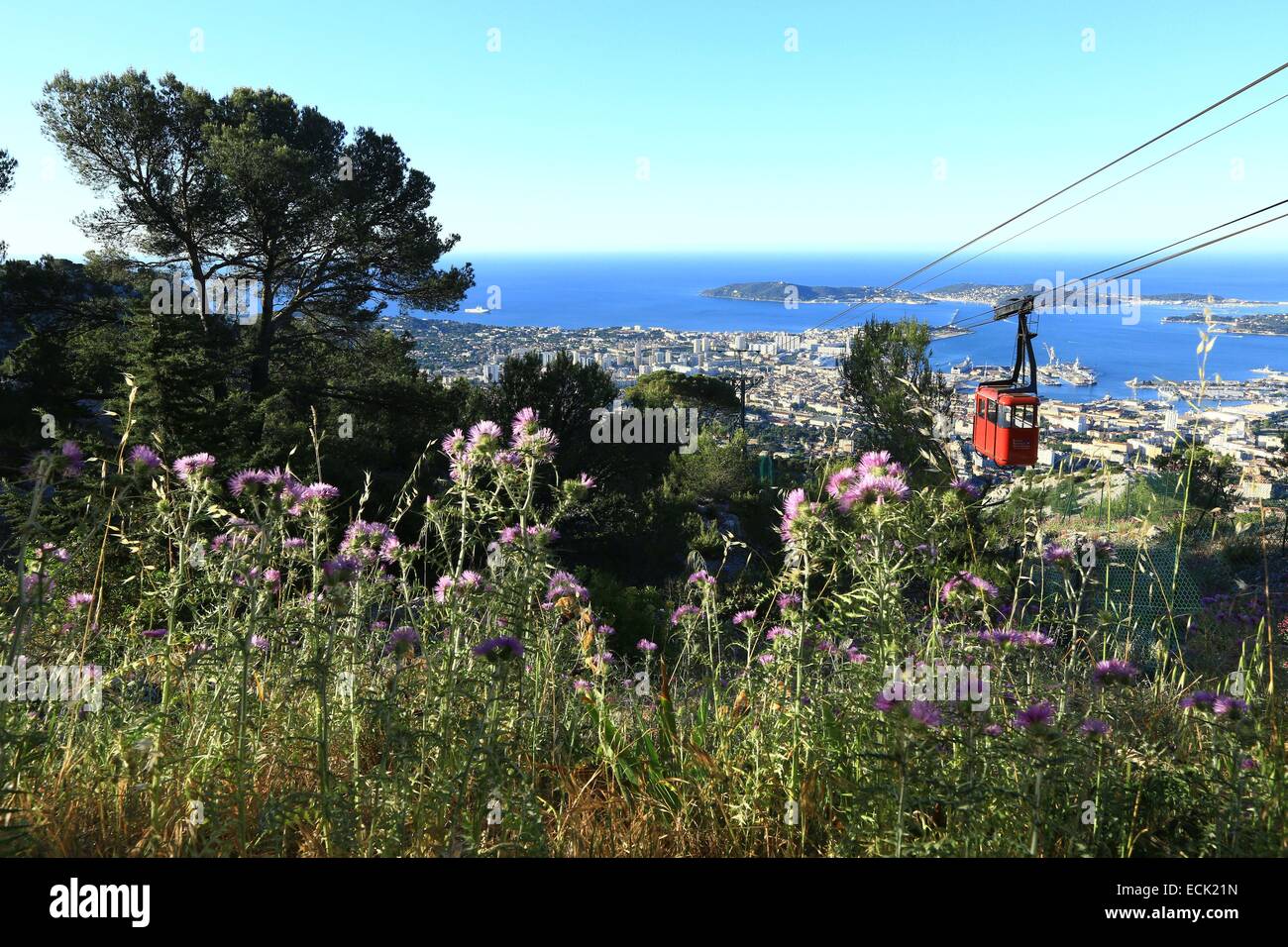 France, Var, Toulon, the roads, cable car from Mount Faron, the peninsula of Saint mandrier