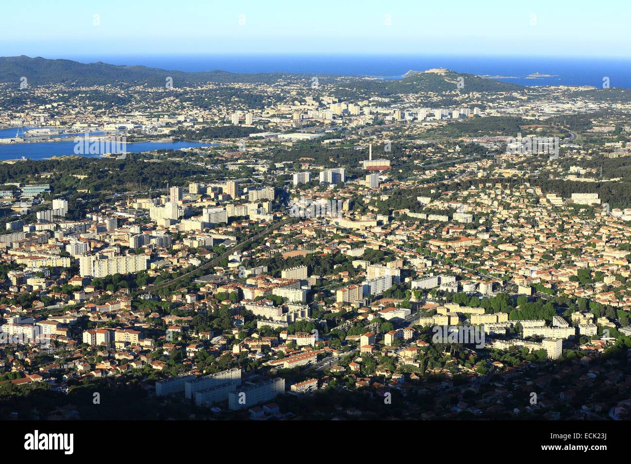 France, Var, Toulon, neighborhoods west from Mount Faron, La Seyne sur Mer and Six Fours beaches in the background Stock Photo
