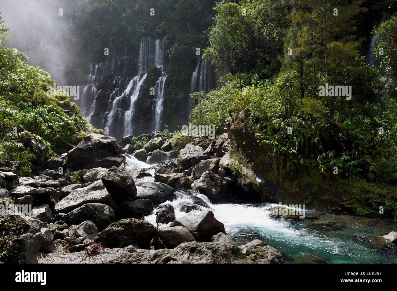 France, Reunion Island (French overseas department), Parc National de la Reunion (Reunion National Park) listed as World Heritage by UNESCO, Saint Joseph, Langevin river on the flanks of the volcano Piton de la Fournaise, Grand Galet waterfall or Langevin Stock Photo