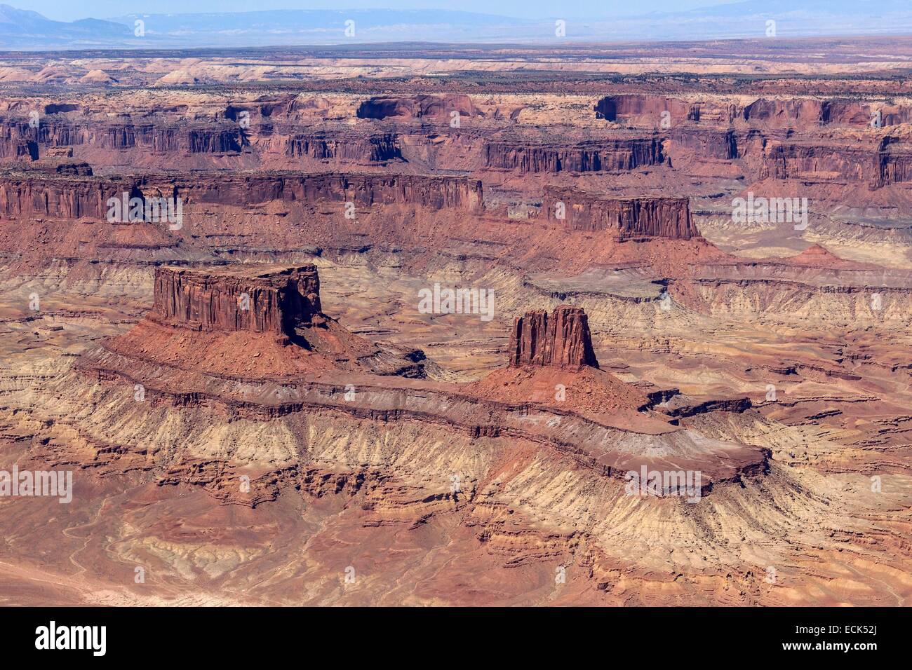 United States, Utah, Colorado Plateau, Glen Canyon National Recreation Area near Canyonlands National Park, The Buttes of the Cross with the Orange Cliffs in the background (aerial view) Stock Photo