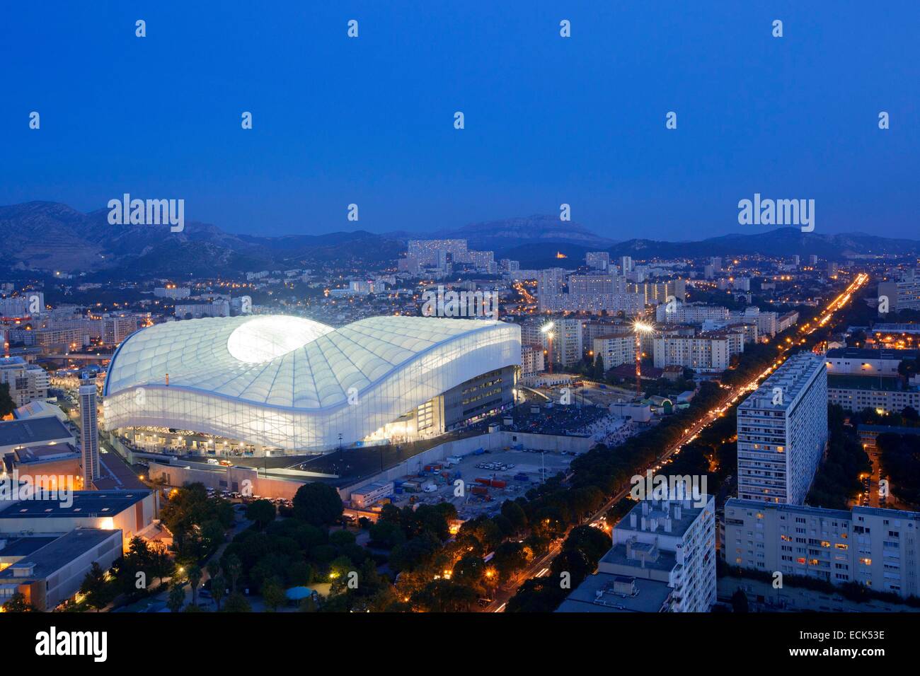 France, Bouches du Rhone, Marseille, Rond Point du Prado district, Chanot park and the Stade Velodrome from the building Le Grand Pavois Stock Photo