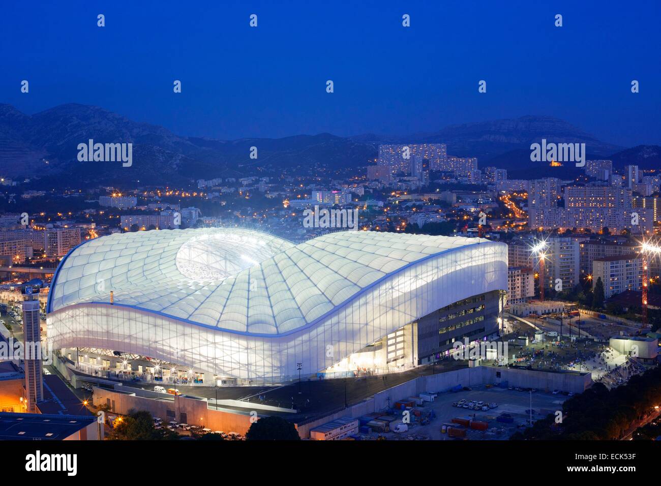 France, Bouches du Rhone, Marseille, Rond Point du Prado district, the Stade Velodrome from the building Le Grand Pavois Stock Photo