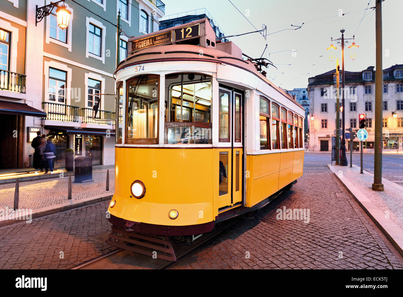 Portugal, Lisbon: Historic Electric tram No. 12 in downtown Lisbon Stock Photo