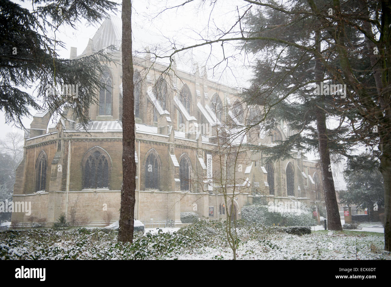 Grandiose Victorian church, long deconsecrated and reopened as Teddington Landmark Arts Centre, seen on a snowy day. Stock Photo