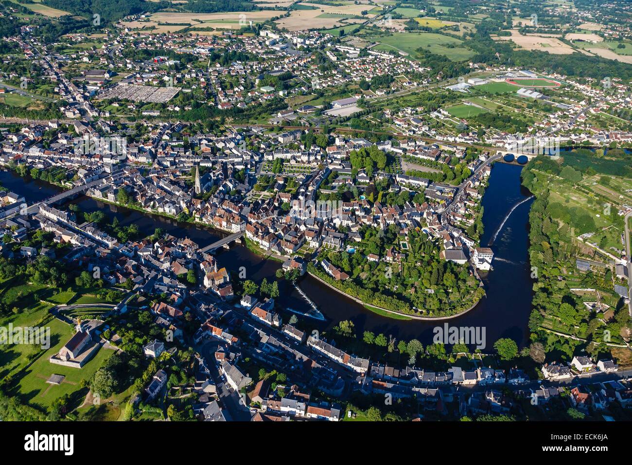 France, Indre, Argenton sur Creuse, the town (aerial view) Stock Photo