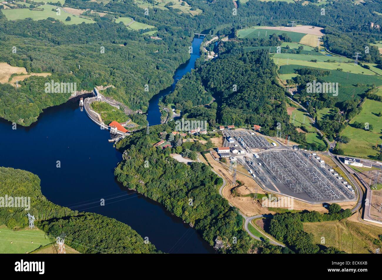 France, Indre, Cuzion, Eguzon dam and power station (aerial view) Stock Photo