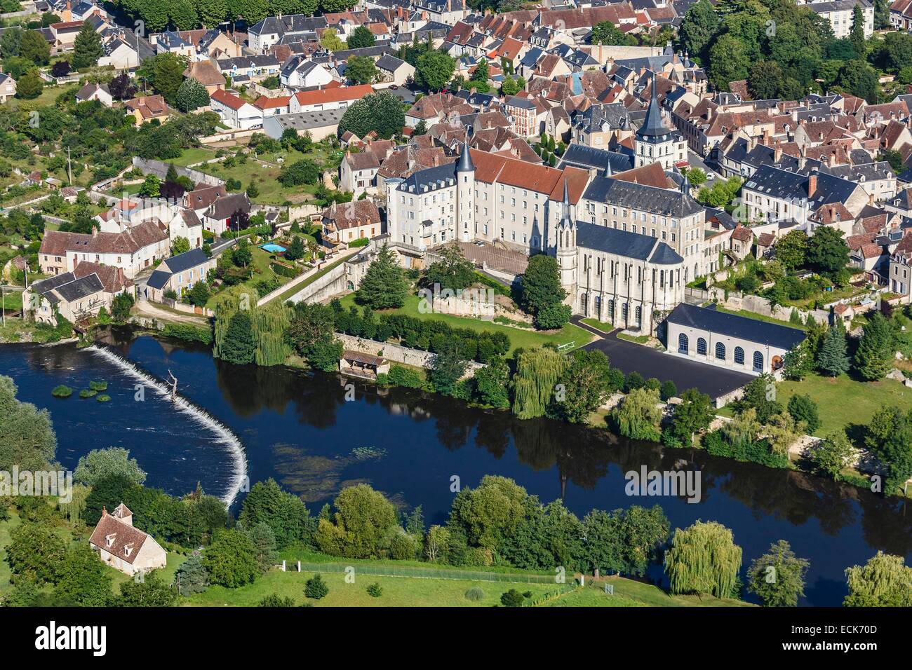 France, Indre, Saint Gaultier, the church and old priory on la Creuse river (aerial view) Stock Photo