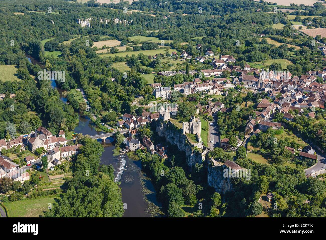 France, Vienne, Angles sur l'Anglin, labelled Les Plus Beaux Villages de France (The MoSaint Beautiful Villages of France), the village and the castle (aerial view) Stock Photo