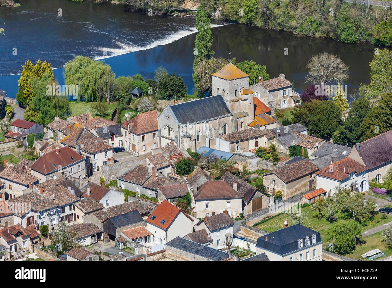 France, Vienne, Bonneuil Matours, the church on la Vienne river (aerial view) Stock Photo