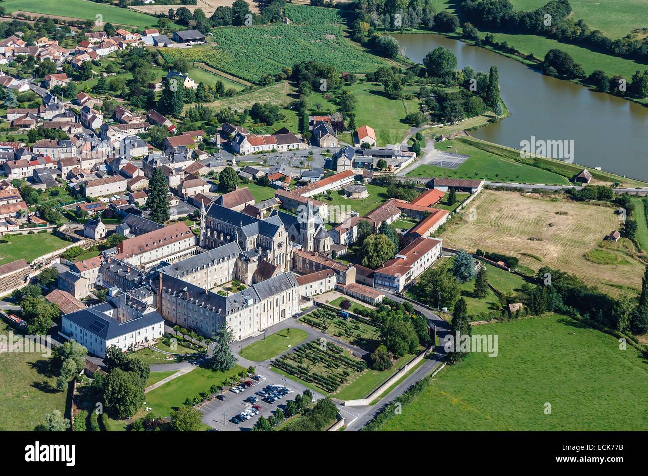 France, Vienne, La Puye, the village and the convent (aerial view) Stock Photo