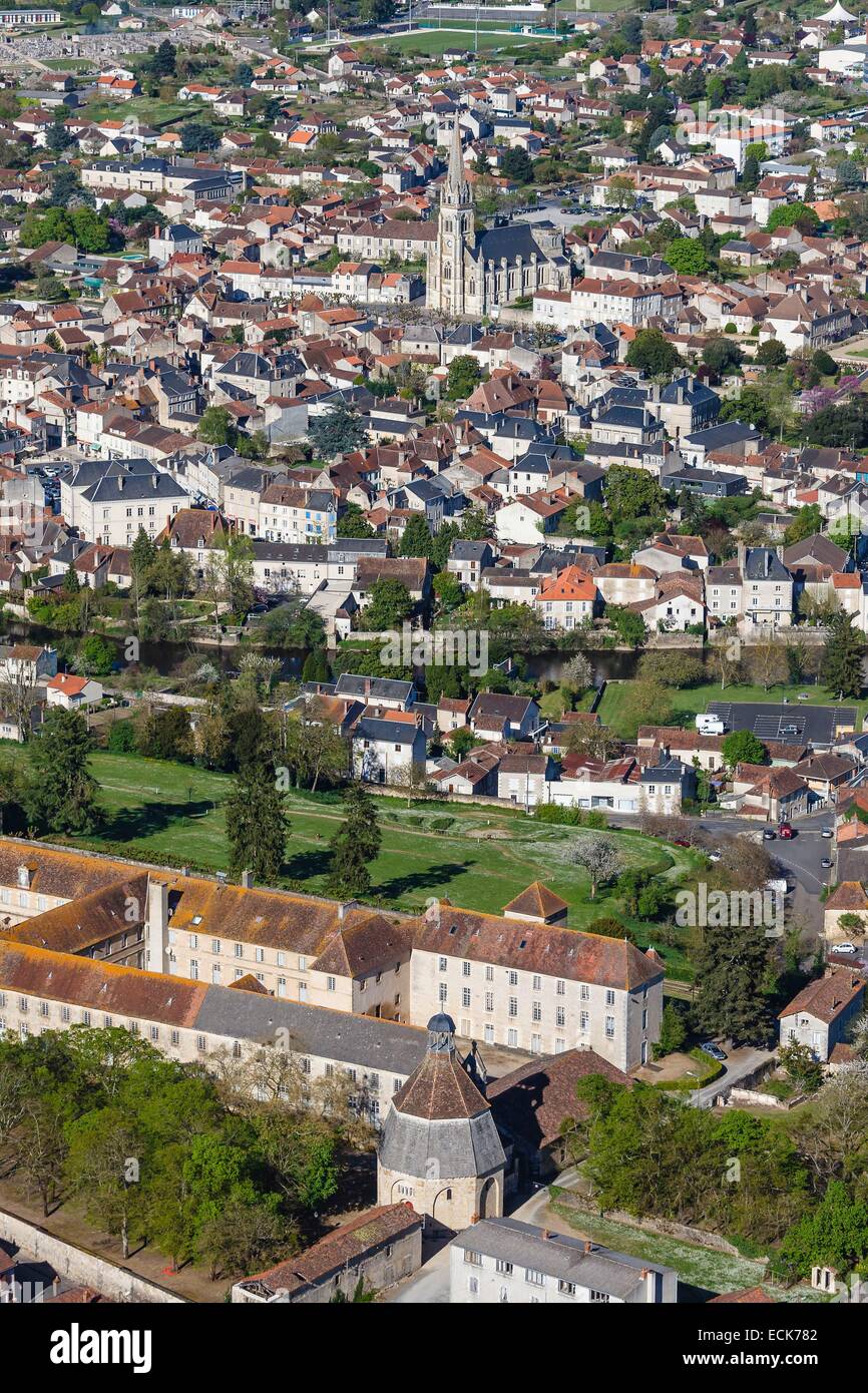 France, Vienne, Montmorillon, the town, Notre Dame church and the octogonal chapel (aerial view) Stock Photo