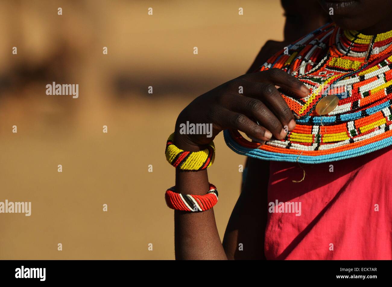 Kenya, Laikipia, Il Ngwesi, beadwork on masai man Stock Photo