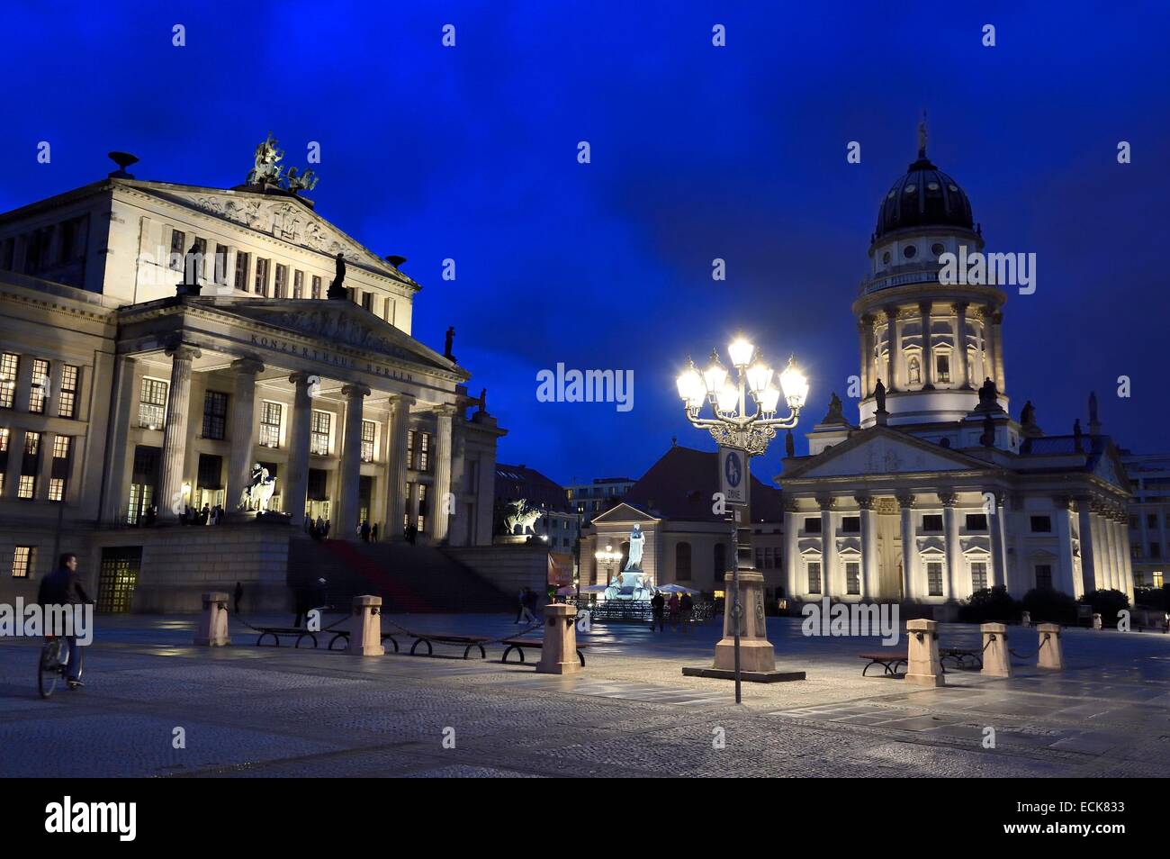 Germany, Berlin, Mitte district, Gendarmenmarkt, the Schauspielhaus theater (Konzerthaus) left and French church right Stock Photo