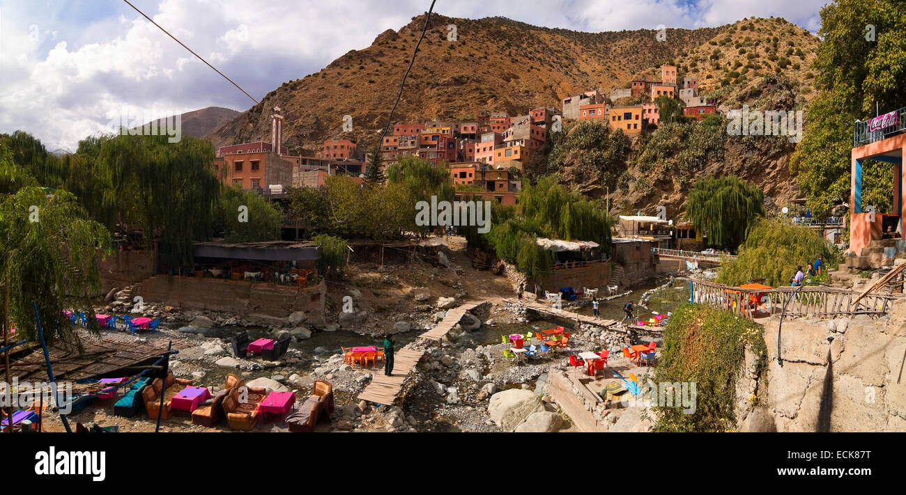 Horizontal panoramic (2 picture stitch) view of Setti Fatma village in the High Atlas Mountain range in Morocco. Stock Photo