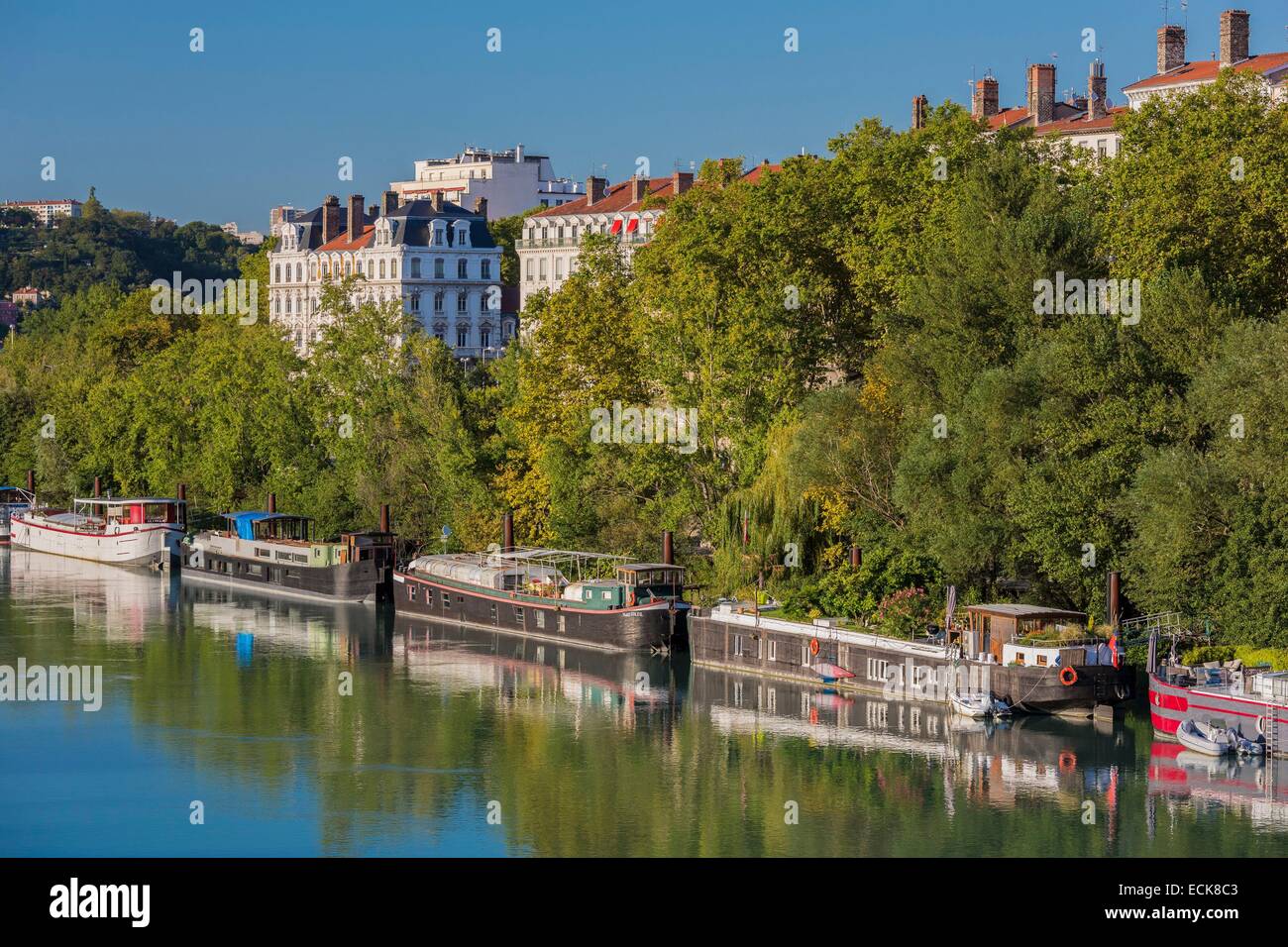 France, Rhone, Lyon, the banks of the Rhone, the quay of Serbie and its barges house Stock Photo