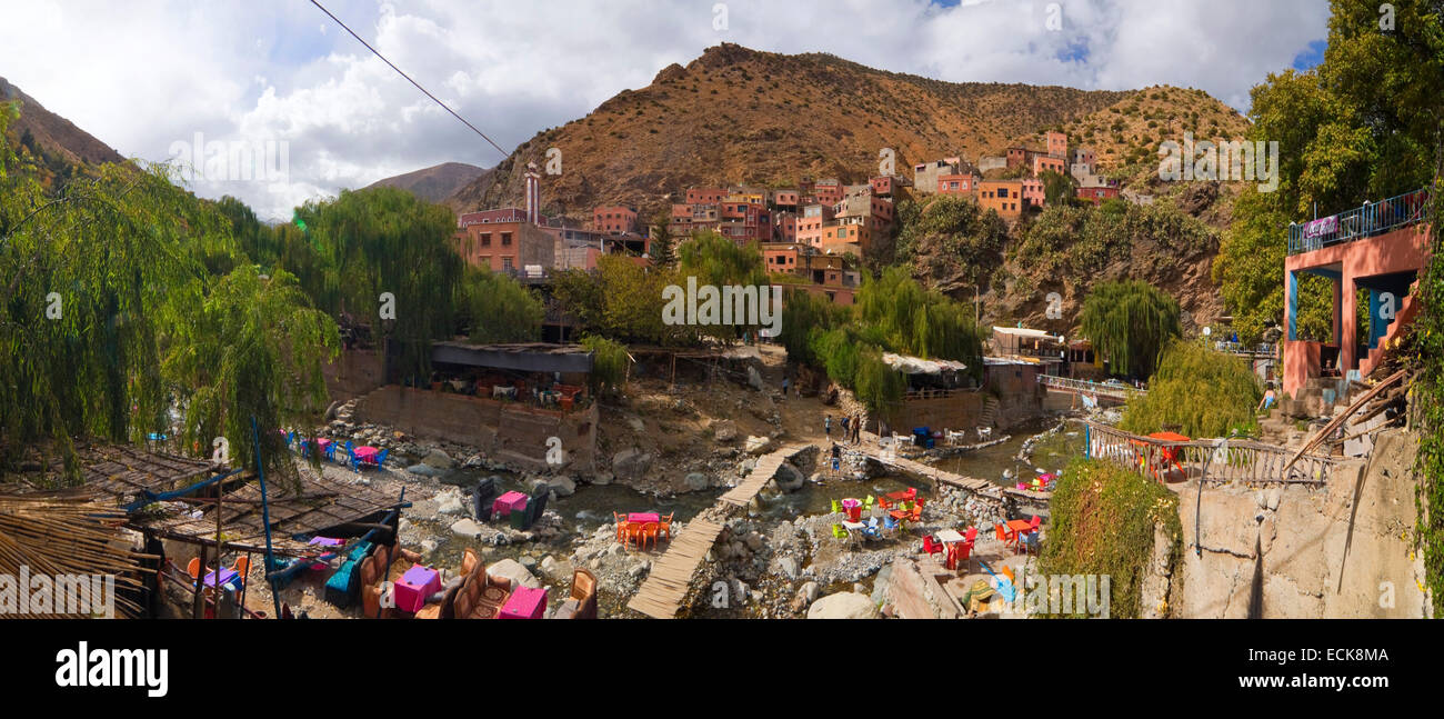 Horizontal panoramic (2 picture stitch) view of Setti Fatma village in the High Atlas Mountain range in Morocco. Stock Photo
