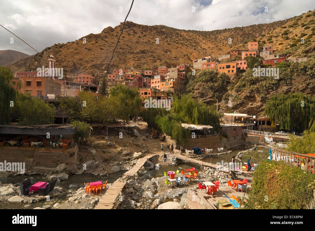 Horizontal view of Setti Fatma village in the High Atlas Mountain range in Morocco. Stock Photo