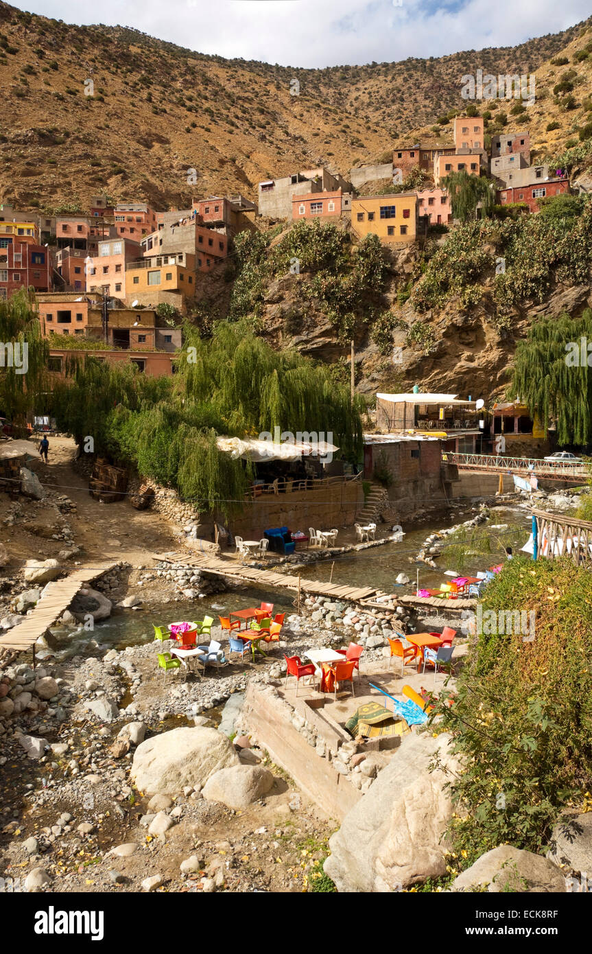 Vertical view of Setti Fatma village in the High Atlas Mountain range in Morocco. Stock Photo