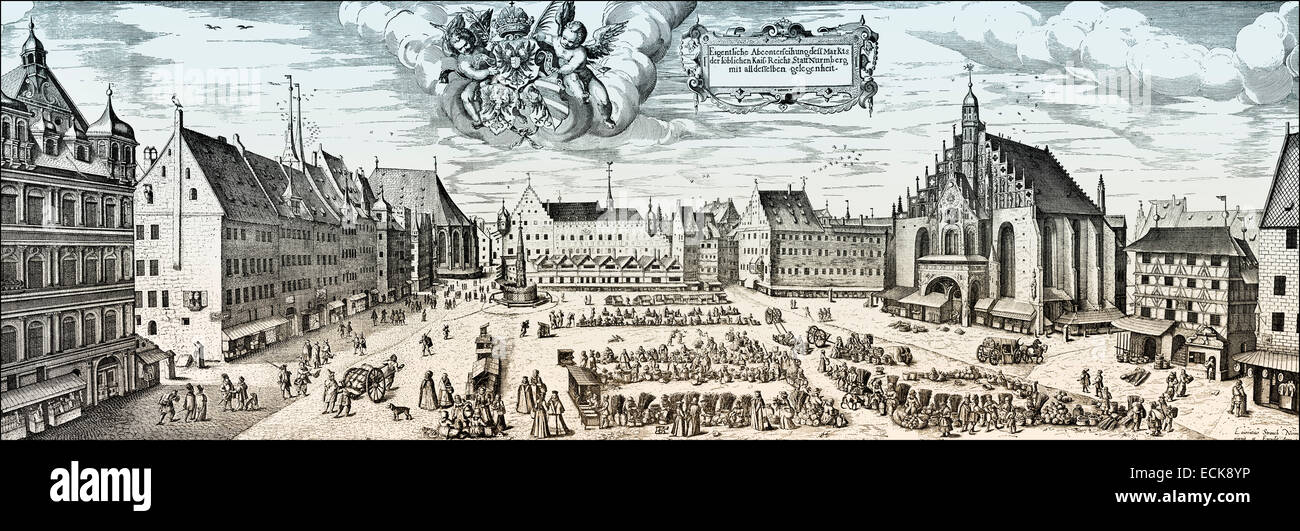 Medieval city view of Nuremberg, Hauptmarkt, 16th century, Bavaria ...