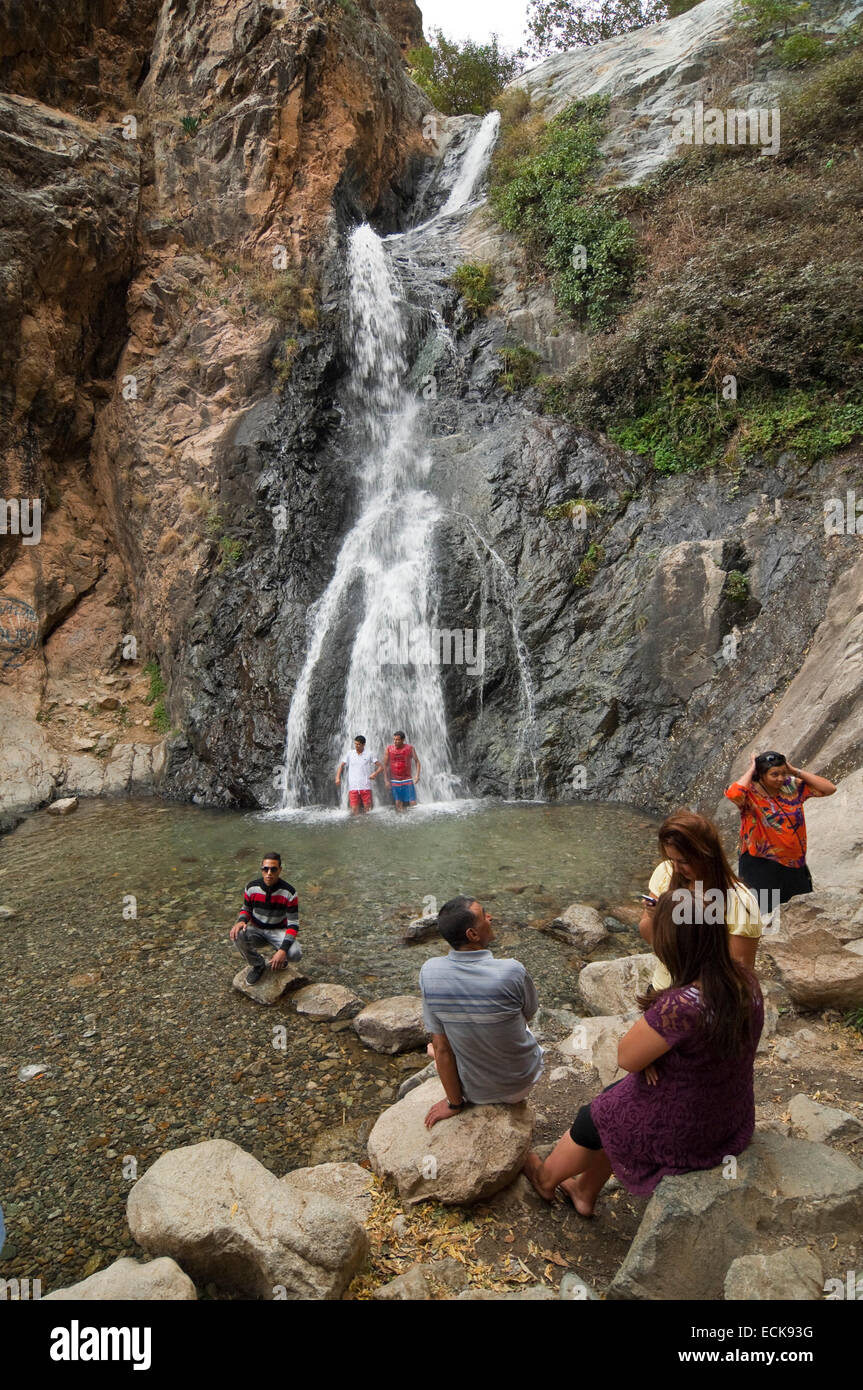 Vertical view of the waterfalls at Setti Fatma in the High Atlas Mountain range in Morocco. Stock Photo