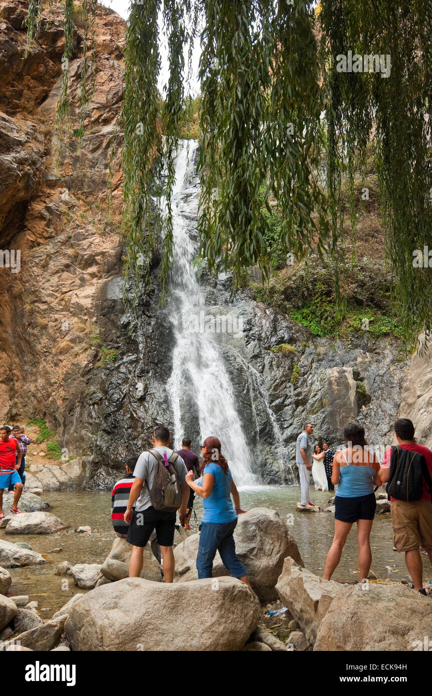 Vertical view of the waterfalls at Setti Fatma in the High Atlas Mountain range in Morocco. Stock Photo